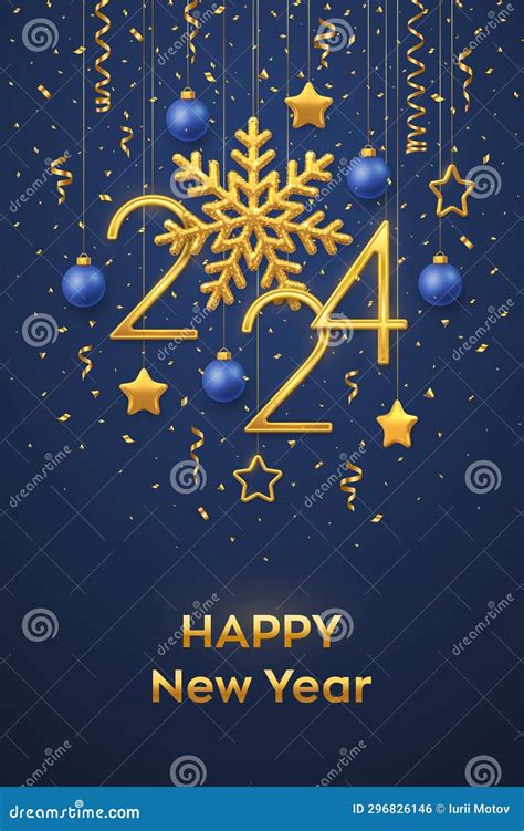 Happy New 2024 Year Hanging Golden Metallic Numbers 2024 With Shining