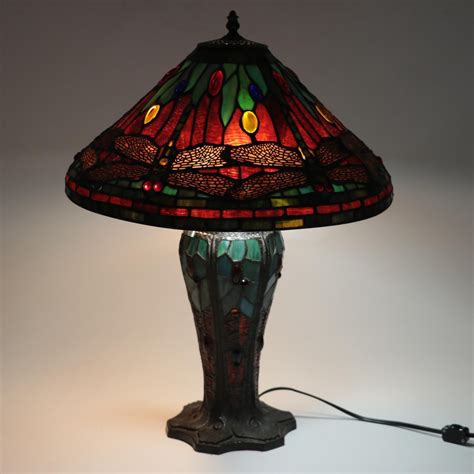 Art Nouveau Tiffany Studios Style Dragonfly Jeweled Slag Glass Table
