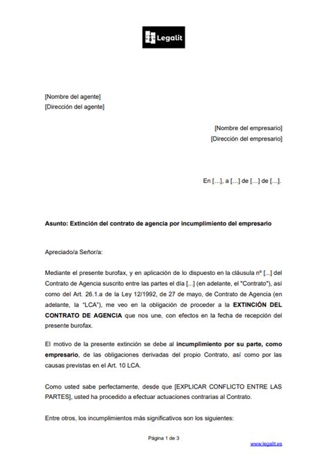 Modelo Carta Burofax Finalización Contrato Agencia Comercial