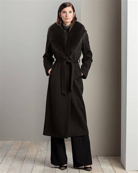 Sofia Cashmere Fur Collar Belted Long Wrap Coat