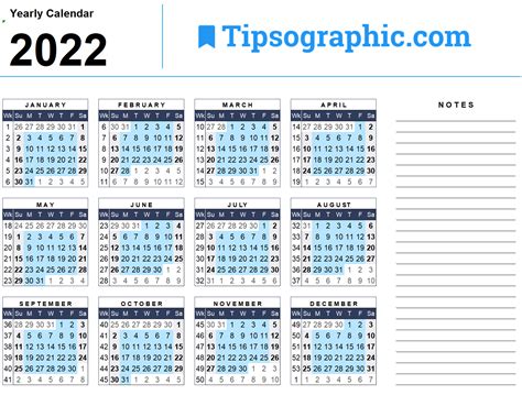 2022 Yearly Calendar With Week Numbers Excel Tipsographic