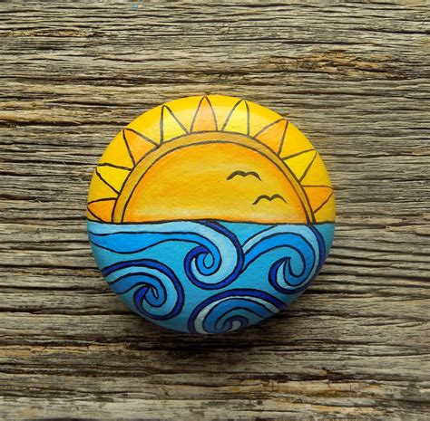 Ocean Sunset Painted Rock, Decorative Accent Stone, Paperweight #