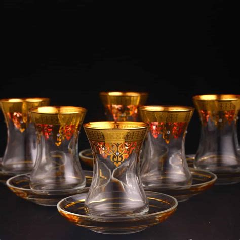 Thin Waist Turkish Tea Set Saucers Gold And Stone Coated Pcs