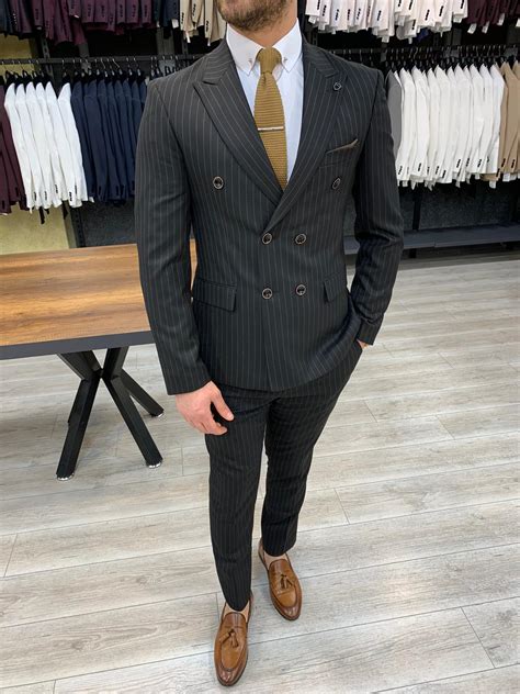 Buy Black Slim Fit Double Breasted Pinstripe Suit By