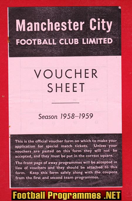 Manchester City Voucher Sheet Football Season 1958 1959 Football