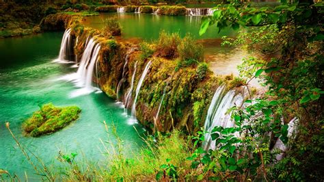 Beautiful Waterfall Nature Autumn Beautiful Green Grass Trees Hd