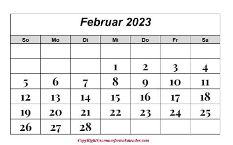 Kalender 2023 Februar Zum Ausdrucken Sommerferien Kalender