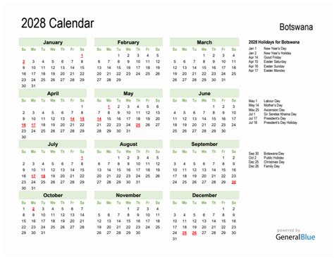 Holiday Calendar 2028 For Botswana Sunday Start