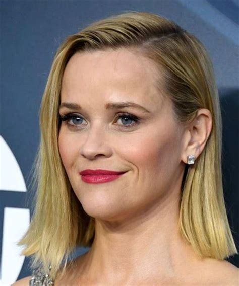 Reese Witherspoon Medium Straight Light Blonde Bob Haircut With Side Swept Bangs