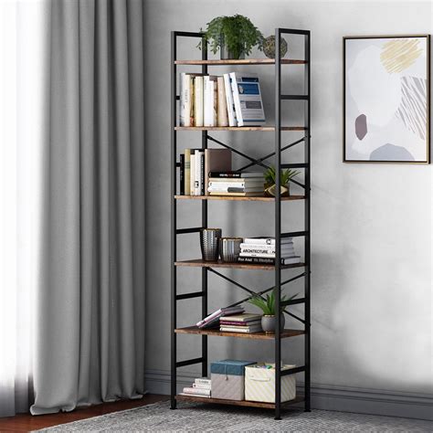 Cosystar 6 Tier Tall Rustic Wood Bookshelf Metal Frame Standing