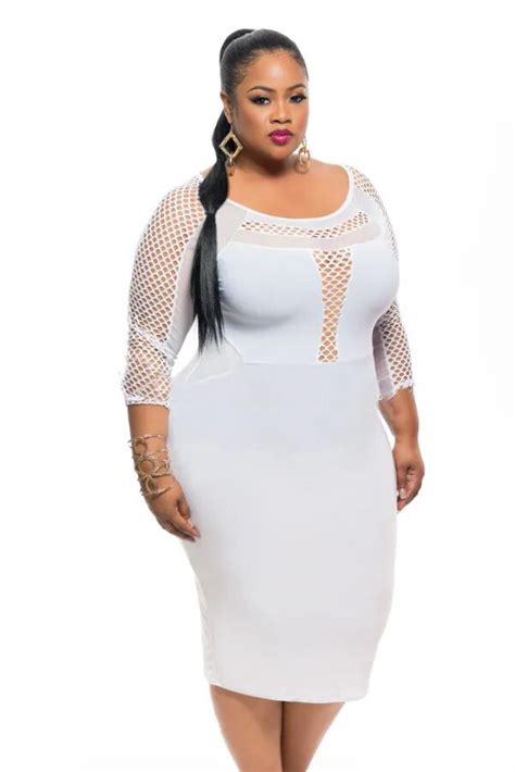 2018 Xxl Xxxl Sexy Women Plus Size Dress Black White Long Sleeve Mesh Midi Pencil Dress Large