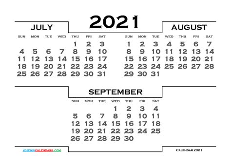 July August September 2021 Printable Calendar 214946 3 Month Calendar