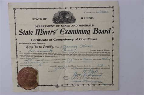 1923 State Of Illinois Miners Examining Board Certificate Of Compency