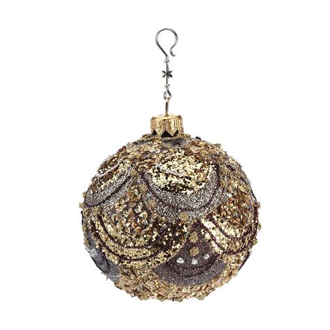 Bronze Gold Glitter Scallop Ball Christmas Ornament Gumps