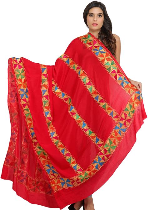 Bittersweet Red Phulkari Dupatta From Punjab With Hand Embroidered
