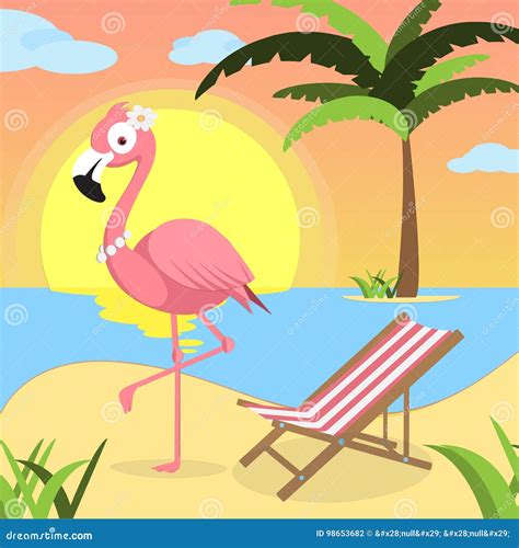 Summer Background With Pink Flamingo And Red White Lounger Of Beach At