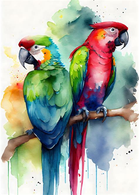 Romantic Parrot Couple Poster By Ali Displate Watercolor Painting Techniques Art Painting