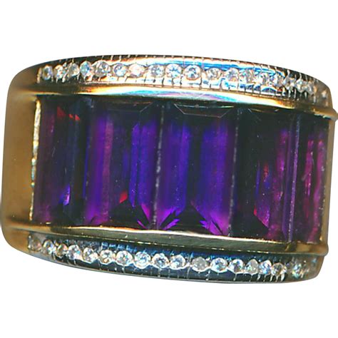Ring Large Amethyst Baguettes Channel Set In Diamonds And 14 Karat Gold