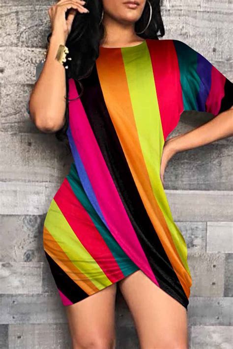 Fashion Colour Fashion Casual Print Asymmetrical O Neck Short Sleeve Dress For Sale