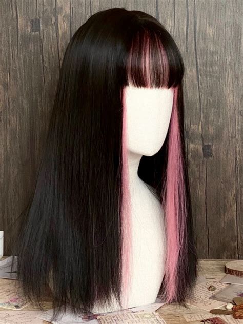Evahair Black And Pink Mixed Color Long Straight Synthetic Wig With
