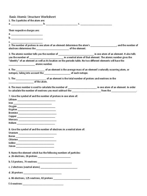 The clean worksheet uses plain text with the following questions to be answer in order to study atomic. Basic-Atomic-Structure-Worksheet.doc | Chemical Elements | Atoms