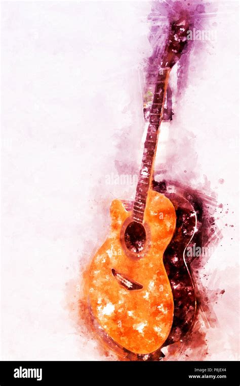 Abstract Beautiful Guitar Acoustic In The Foreground On Watercolor