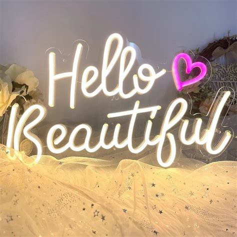 Hello Beautiful Neon Sign With Heart Custom Girls Room Neon Sign