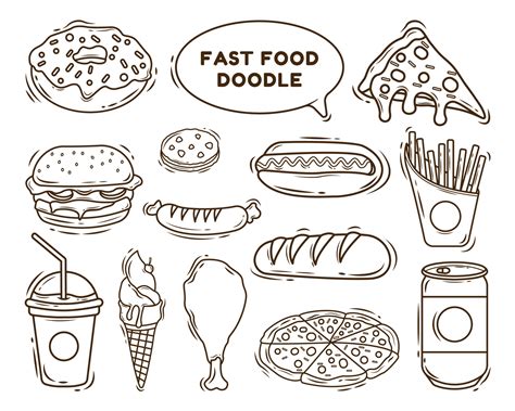 conjunto de dibujos animados de comida rápida dibujados a mano para colorear Vector en