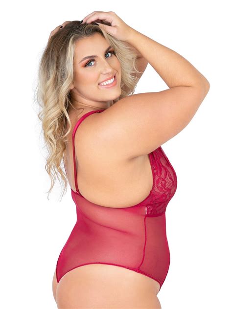 FUNKE Lace See Through Bodysuit Plus Size Lace Lingerie Cherry Red