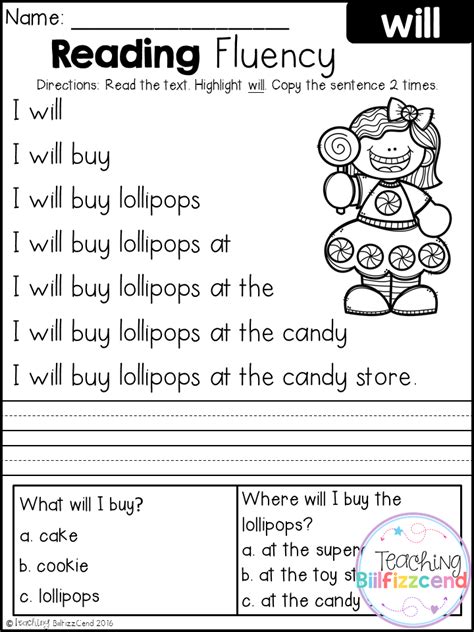 free kindergarten reading fluency and comprehension reading fluency