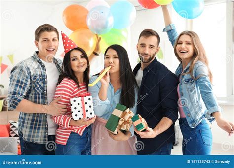 Young People At Birthday Party Indoors Stock Image Image Of Woman