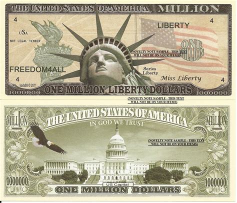 Statue of Liberty with Torch US Capital One Million Dollar Bills x 4 America