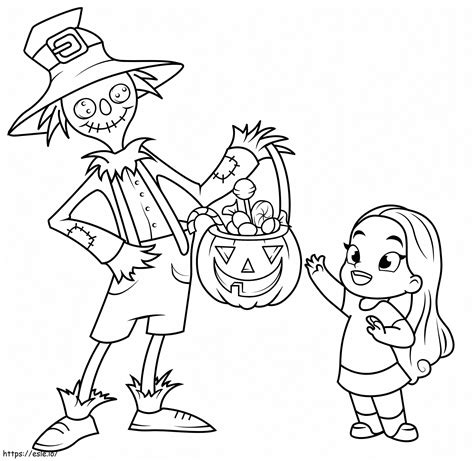Cute Girl And Scarecrow Coloring Page