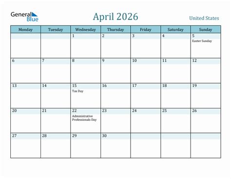 April 2026 United States Monthly Calendar With Holidays