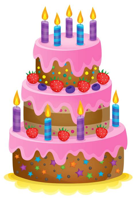 A Pink Birthday Cake With Lit Candles And Strawberries