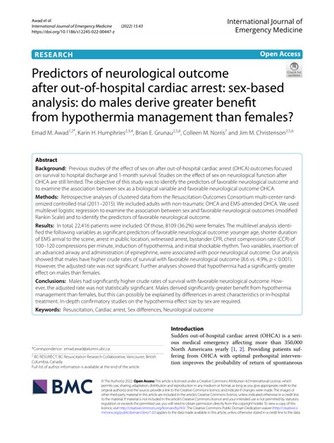 Pdf Predictors Of Neurological Outcome After Out Of Hospital Cardiac Arrest Sex Based