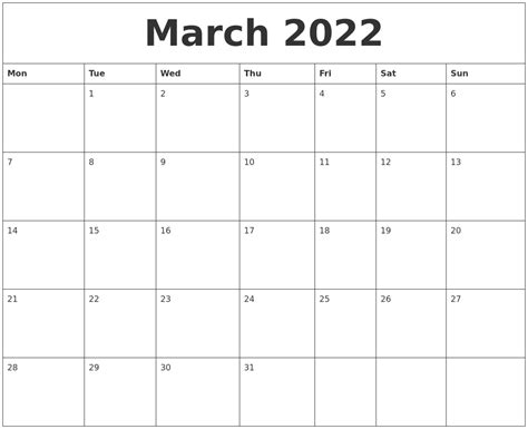 March 2022 Calendar Layout