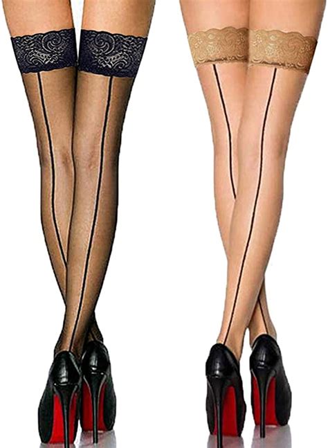 Vintage Nylon Lace Top Thigh High Stockings With Back Seam For Women