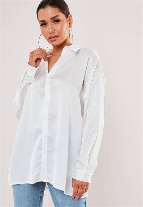 Missguided White Extreme Oversized Satin Shirt White Satin Blouse
