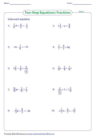 Two Step Equations With Fractions And Whole Numbers Worksheet