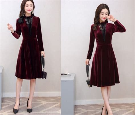 2019 Spring Winter Dresses Women Long Sleeve Vintage Burgundy Black