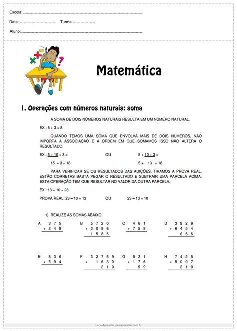 Atividade De Matemática 4°ano Operações Com Números Ler E Aprender