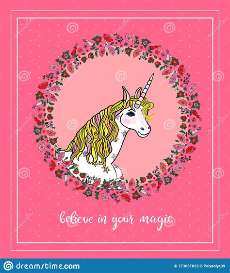 Beautiful Greeting Card With White Unicorn Inside Floral Wreath With