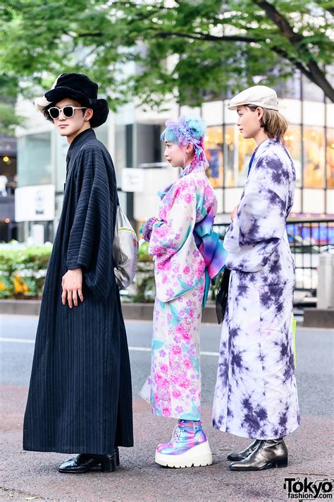 harajuku trio kimono styles side view tokyo fashion