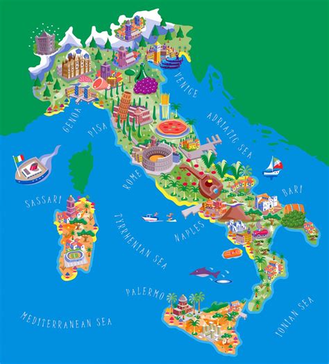 Большая детальная туристическая иллюстрированная карта Италии Италия