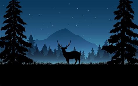 Premium Vector Beautiful Night In Forest With Reindeer Pine Trees And