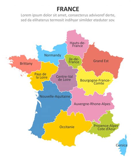 Régions de france finden sie eine stadt, eine postleitzahl, ein departement, eine region. Frankreich mehrfarbige karte mit regionen. | Premium-Vektor