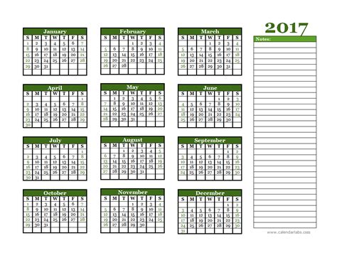 2017 Yearly Calendar With Blank Notes Free Printable Templates