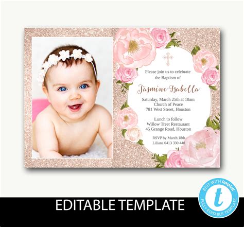 Paper And Party Supplies Floral Baptism Invitation Girl Baptism