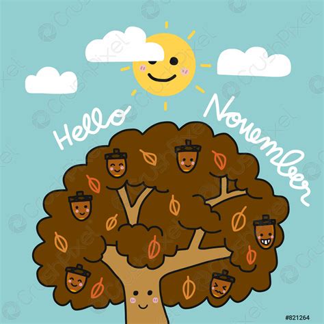 Hello November Word And Chestnut Tree Cartoon Vector Illustration